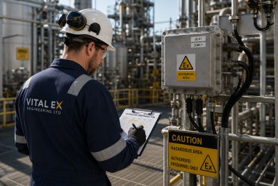 Image of an engineer performing an electrical equipment assessment in a factory setting.