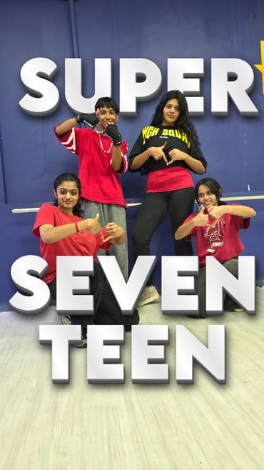 Four teens posing confidently in a dance studio with 'SUPER SEVENTEEN' text overlay.