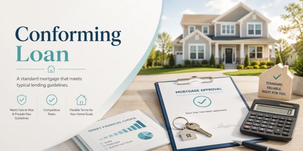 Conforming loan mortgage approval with keys and calculator.