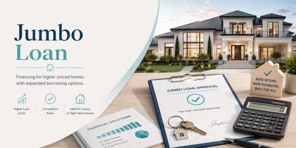 Jumbo loan advertisement for luxury homes with financing options.