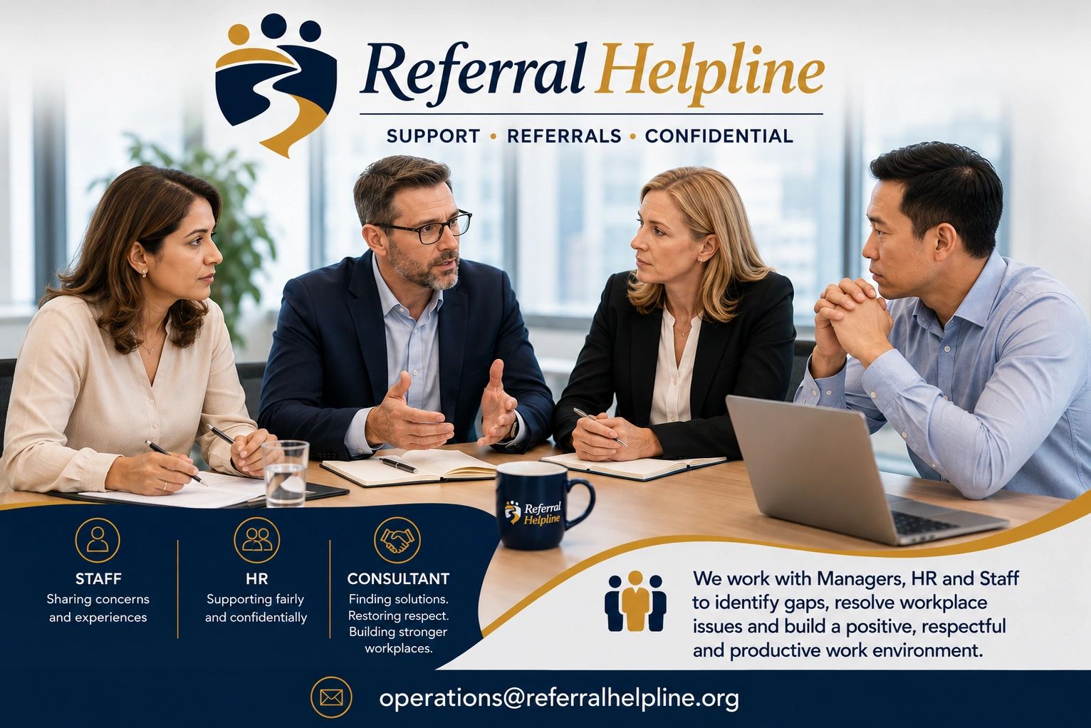 Four professionals discussing workplace solutions in a meeting.