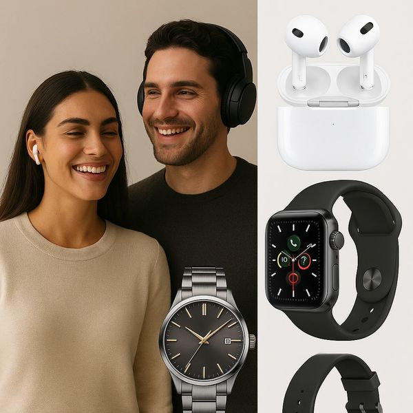 Smiling couple wearing wireless earbuds and headphones, alongside images of a wristwatch, wireless earbuds, and a smartwatch.