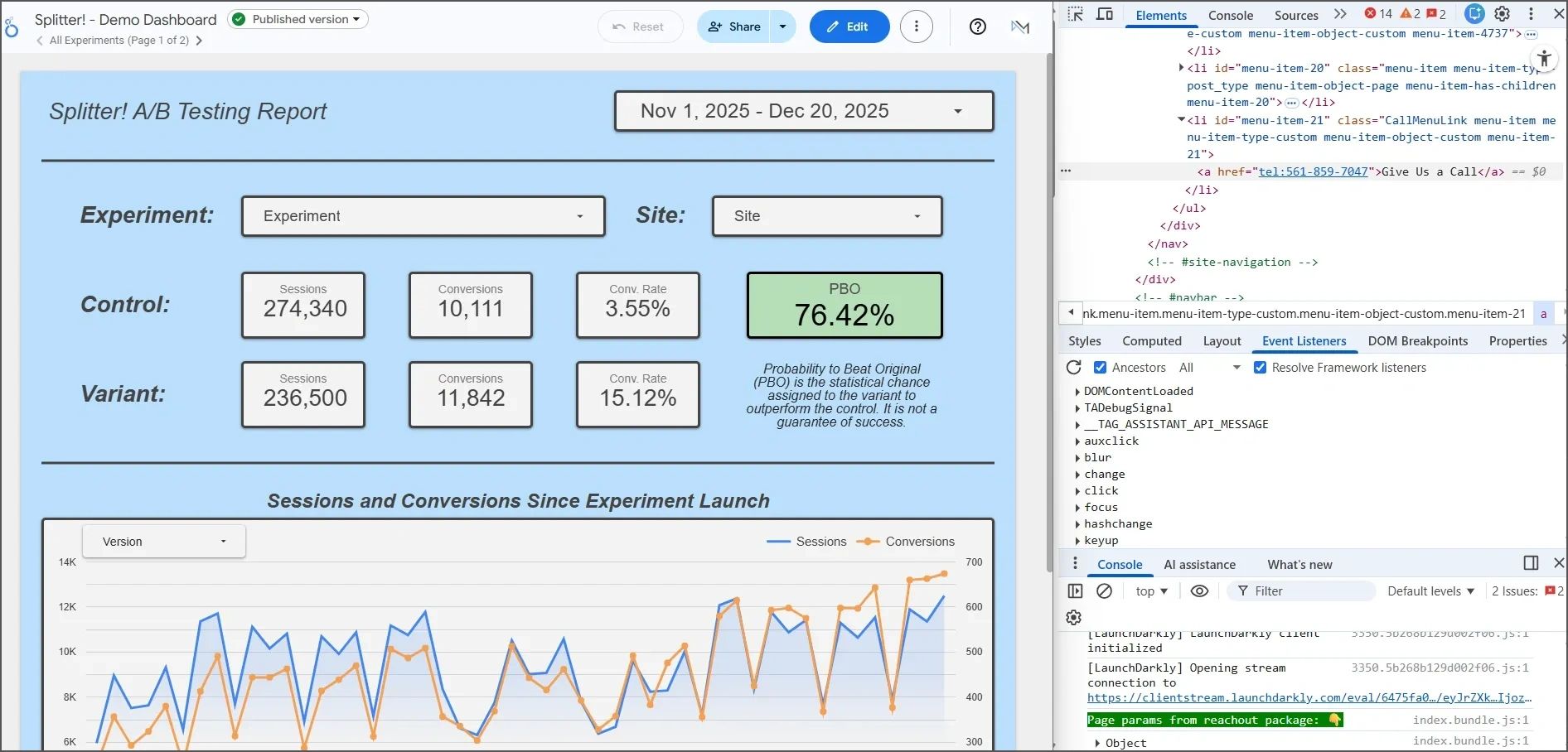 Splitter! is powered through your website's TMS with A/B test results available in a dashboard.