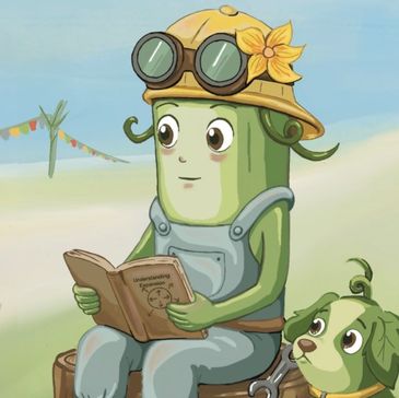 Animated cucumber character reading with a dog.