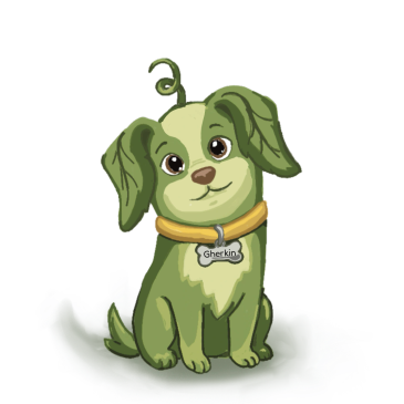 Cute green cartoon dog with a collar named Gherkin.