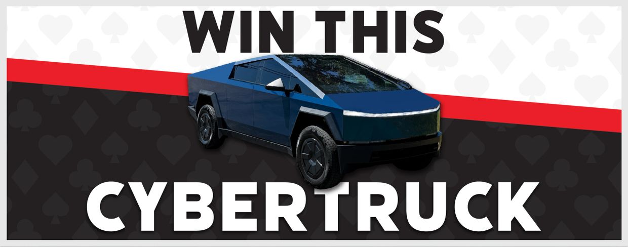 Promotional banner to win a blue Tesla Cybertruck.