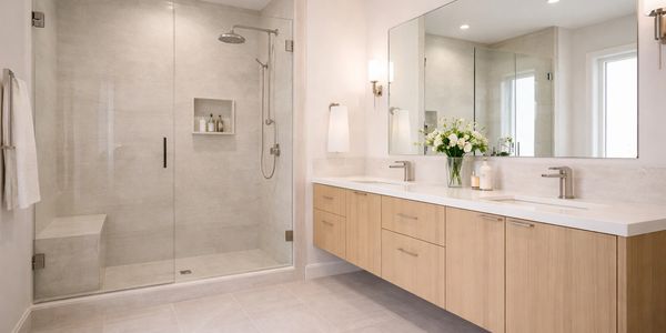 Salle de bain moderne rénovée avec douche vitrée et matériaux durables