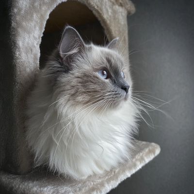Fluffy cat with blue eyes gazes outside from a soft cat house.