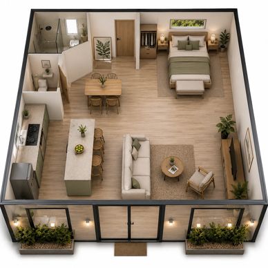 Cozy open-concept studio apartment with modern decor.