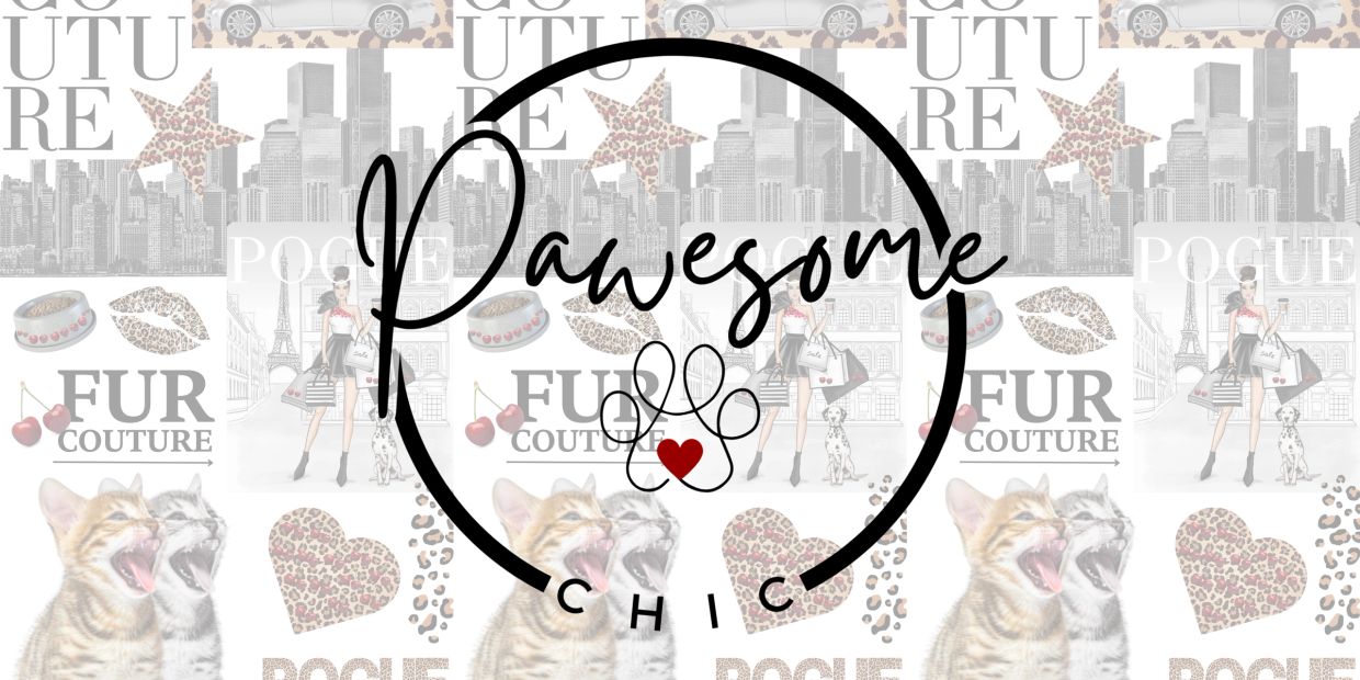 Fashion-themed collage with cats and the word Pawesome Chic.