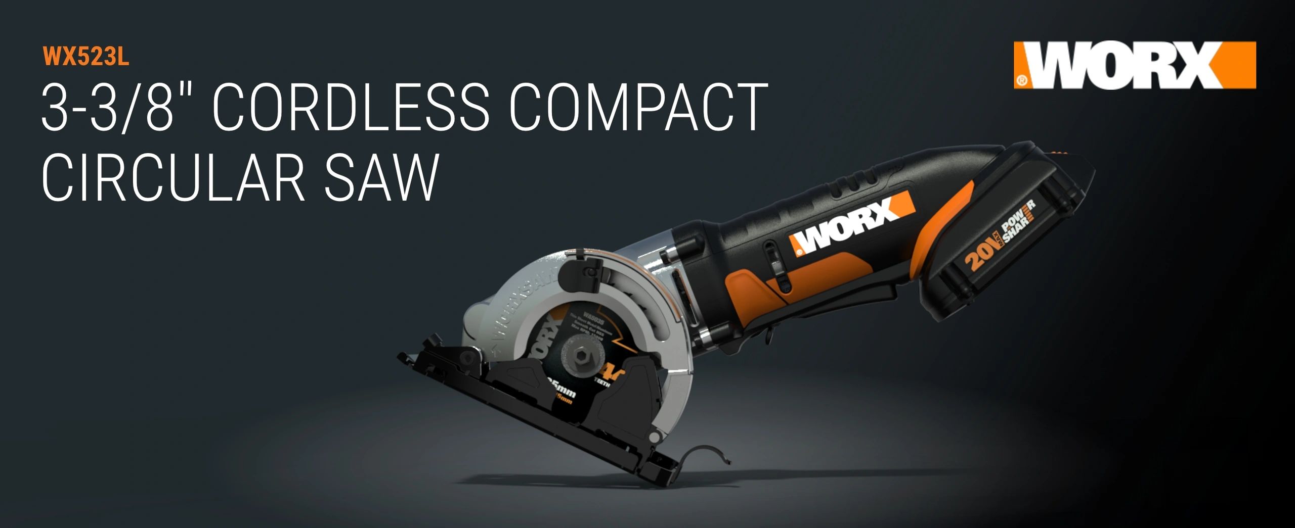 Compact cordless circular saw by WORX with 20V PowerShare battery.