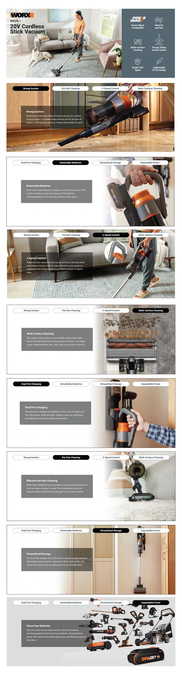 WORX 20V cordless stick vacuum with strong suction and versatile cleaning features.