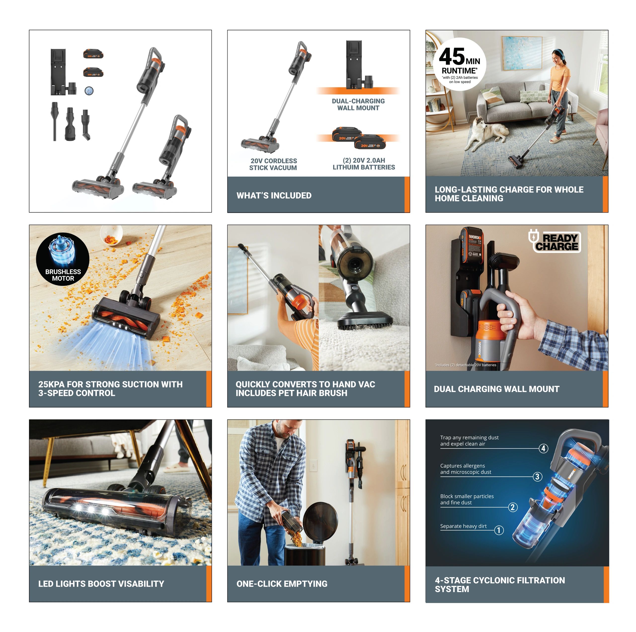Cordless vacuum with powerful suction, dual batteries, and versatile attachments for easy home cleaning.