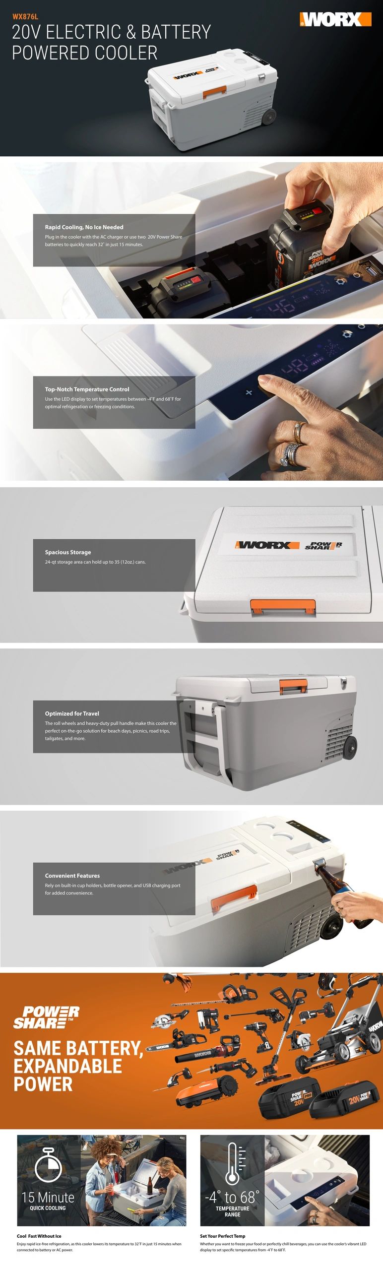 WORX 20V electric and battery-powered cooler with rapid cooling and temperature control.