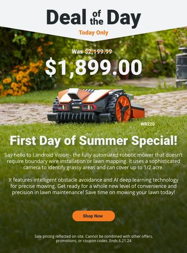 Promotional email for WORX Landroid robotic mower.