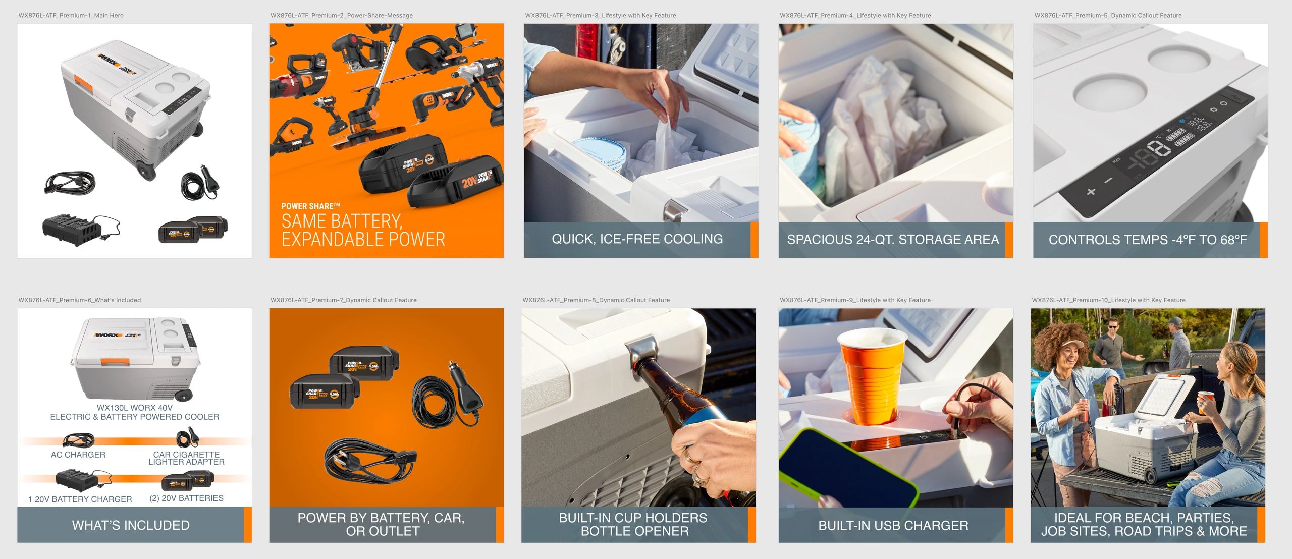 Electric and battery-powered cooler with multiple features for convenience and power sharing.