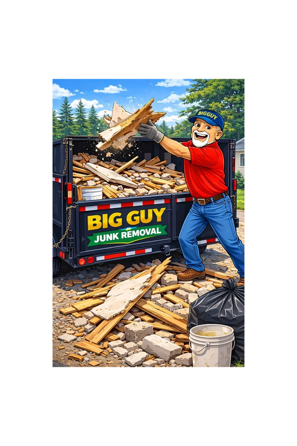 Big Guy Junk Removal hauling construction debris and remodeling waste into trailer in Lake Arrowhead