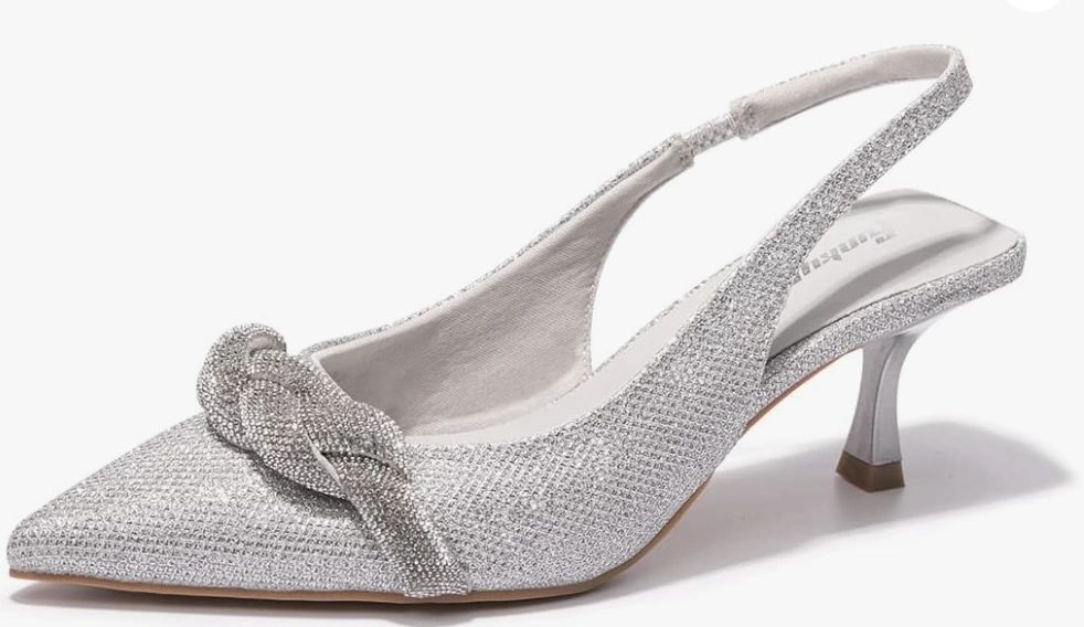 Silver sparkly slingback kiitten heel.