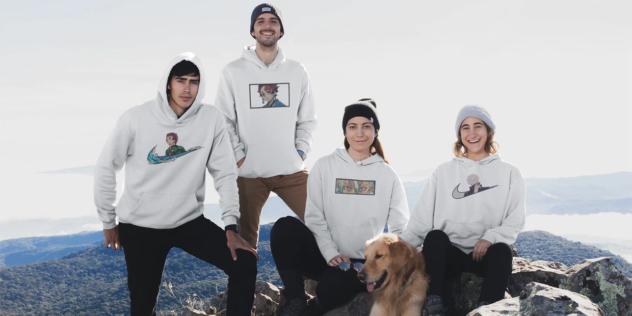 Friends in matching ABEC APPAREL Anime hoodies.