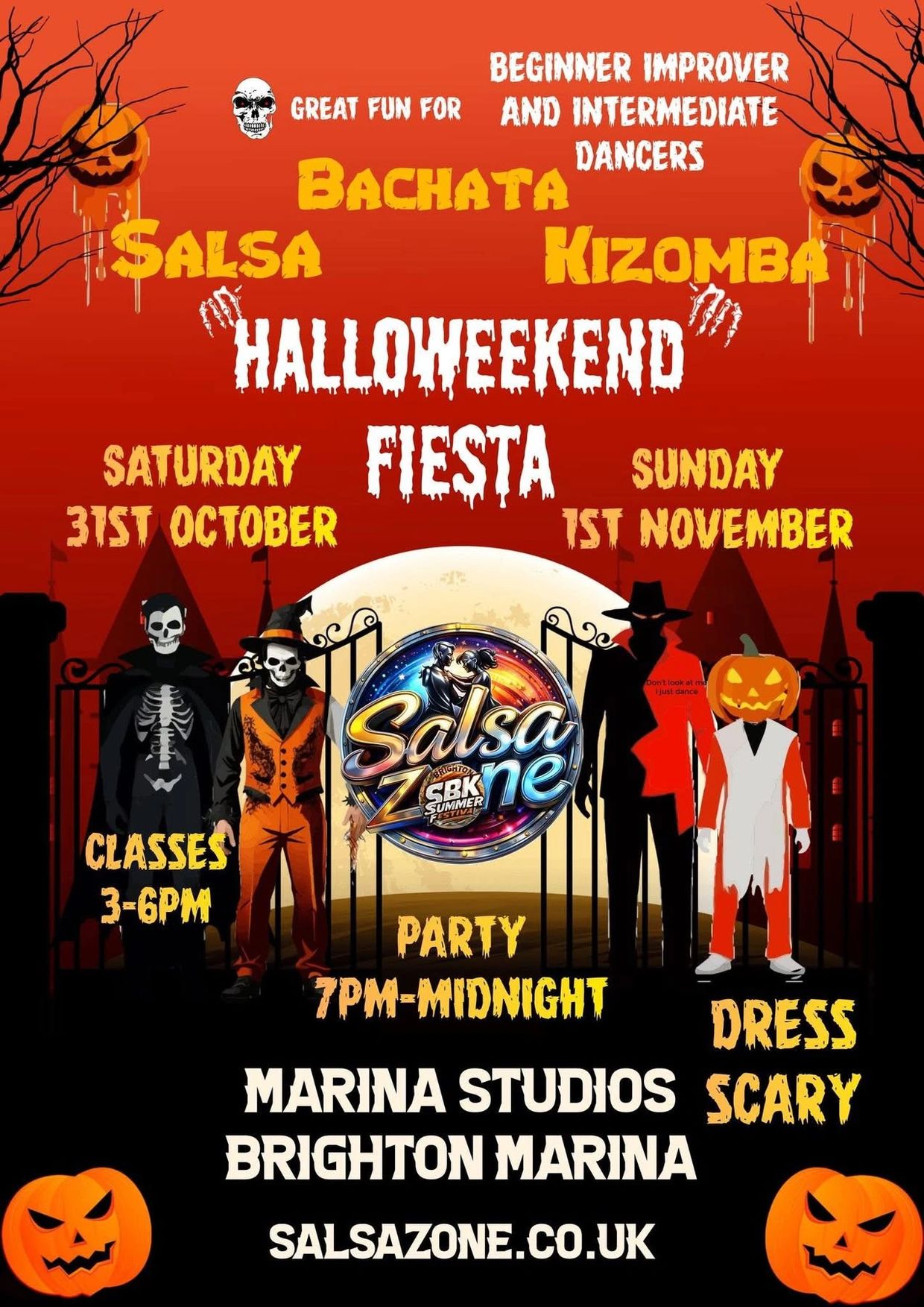 Halloween-themed dance fiesta for salsa, bachata, and kizomba.