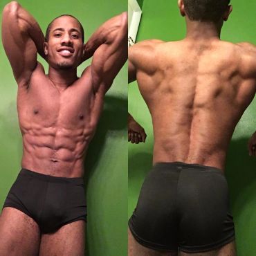 Front and back view of a muscular man posing.