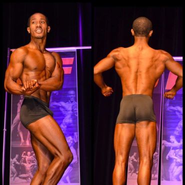 Bodybuilder flexing on stage in two poses.