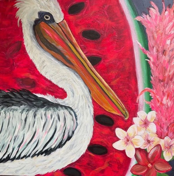 Colorful painting of a pelican with watermelon and flowers.