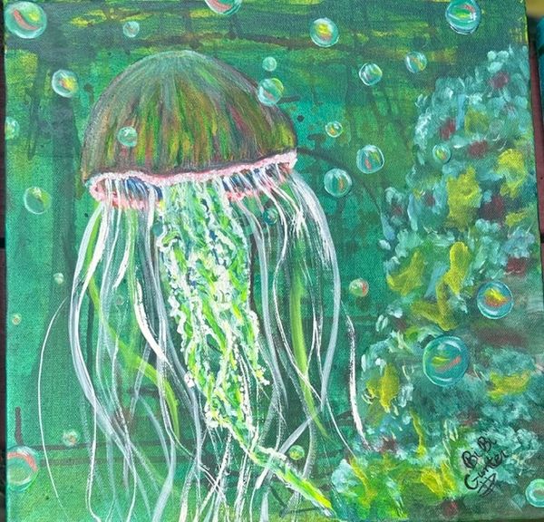 Colorful painting of a jellyfish underwater surrounded by bubbles.