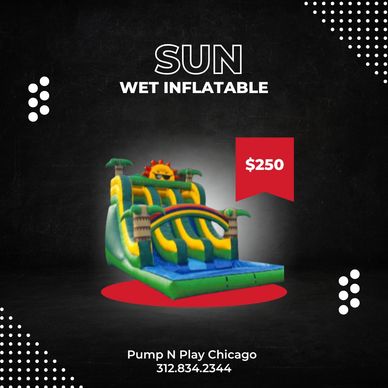 Sun-themed wet inflatable slide for $250.