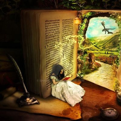 A girl reads beside a giant book with a magical portal to a fantasy world.
