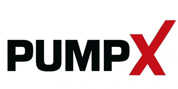 Logo displaying the word 'PUMP' in black and a large red 'X'.