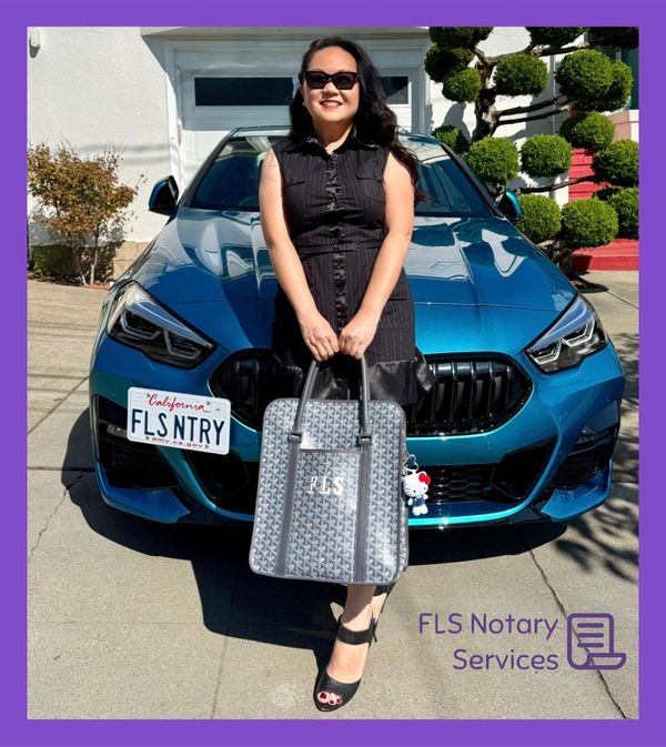 Fanny Szetu is pictured with her vehicle and notary bag, along with the FLS Notary Services logo
