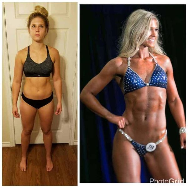 Women bodybuilder transformation contest prep.