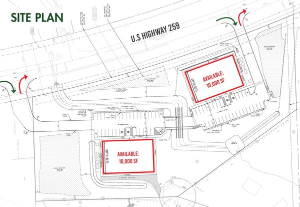 Site plan showing two 10,000 SF available spaces along U.S. Highway 259.