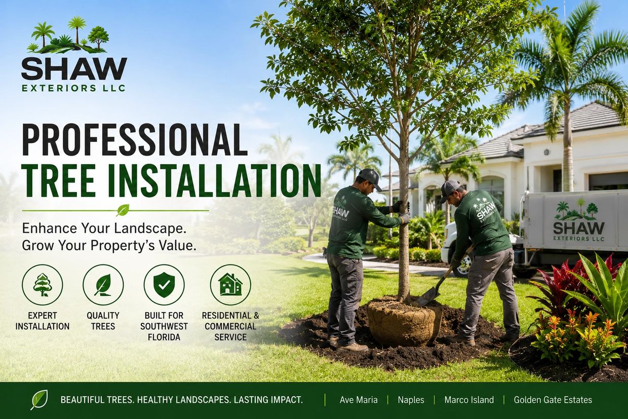 Two workers professionally planting a tree in a residential area for Shaw Exteriors LLC.