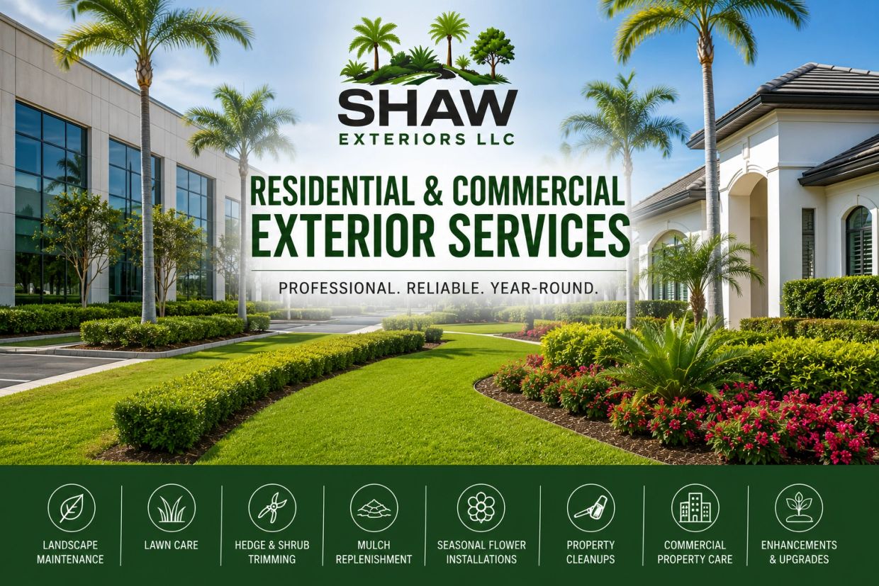 Professional residential and commercial exterior services by Shaw Exteriors featuring manicured land