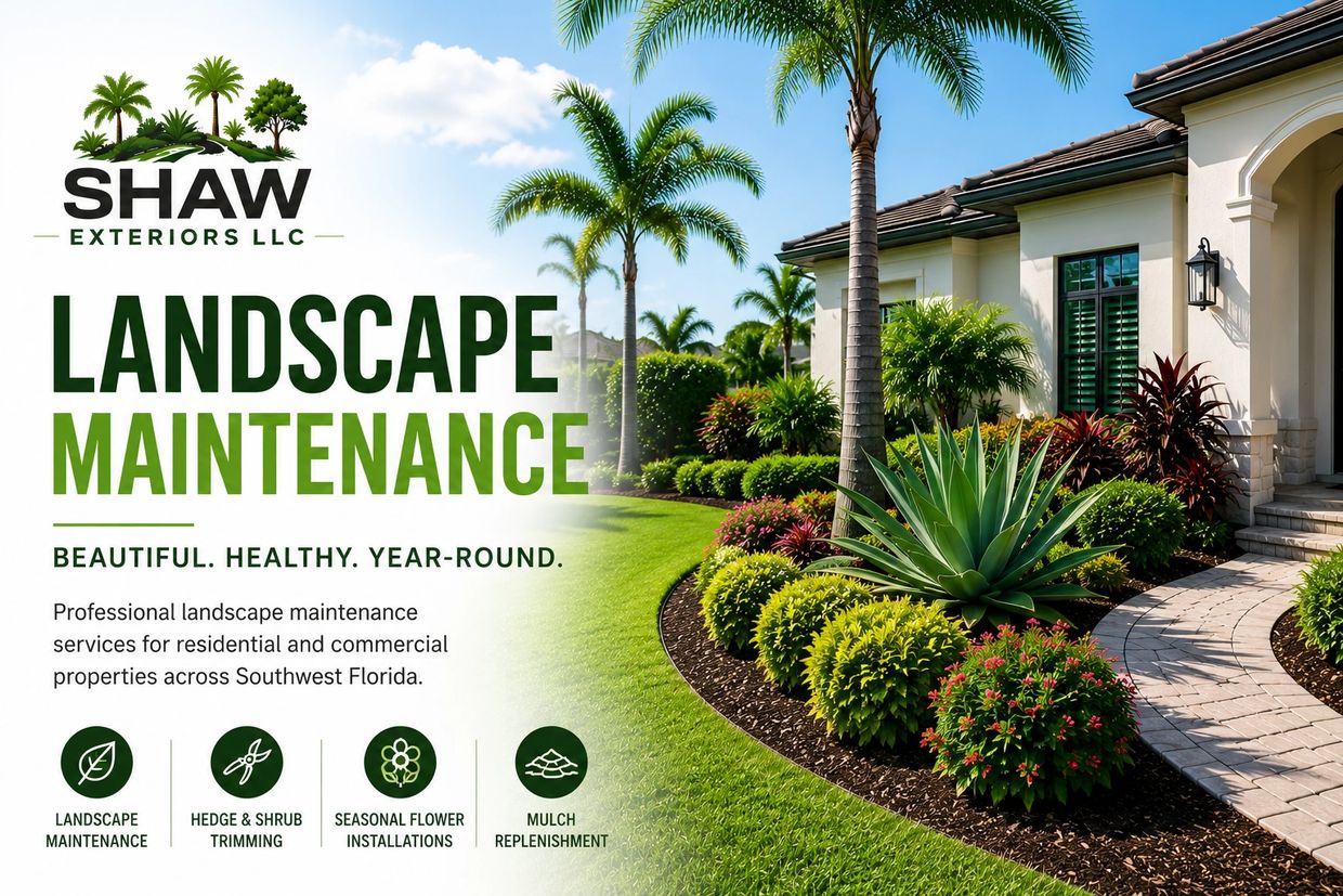 Professional landscape maintenance services with lush greenery and a beautiful home exterior.