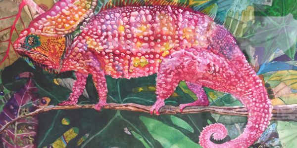 Colorful chameleon blending into vibrant foliage on a branch.