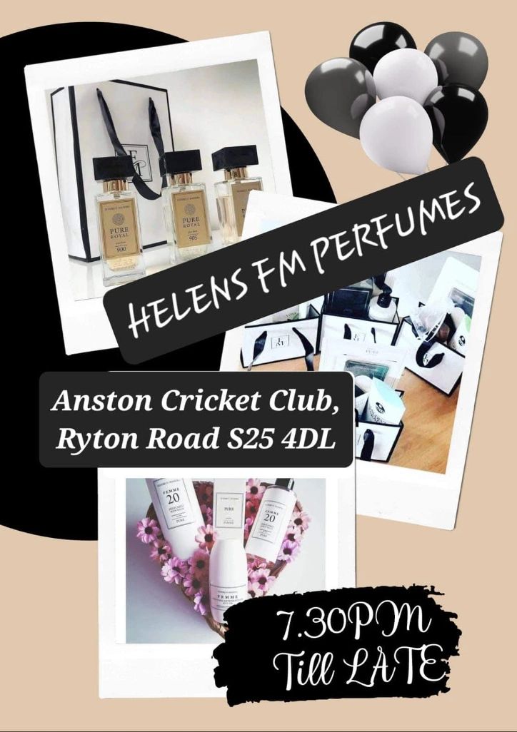 Helens FM Perfumes event at Anston Cricket Club with various perfume products.