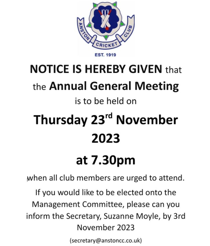 Notice for Anston Cricket Club's Annual General Meeting on 23rd November 2023 at 7:30pm.
