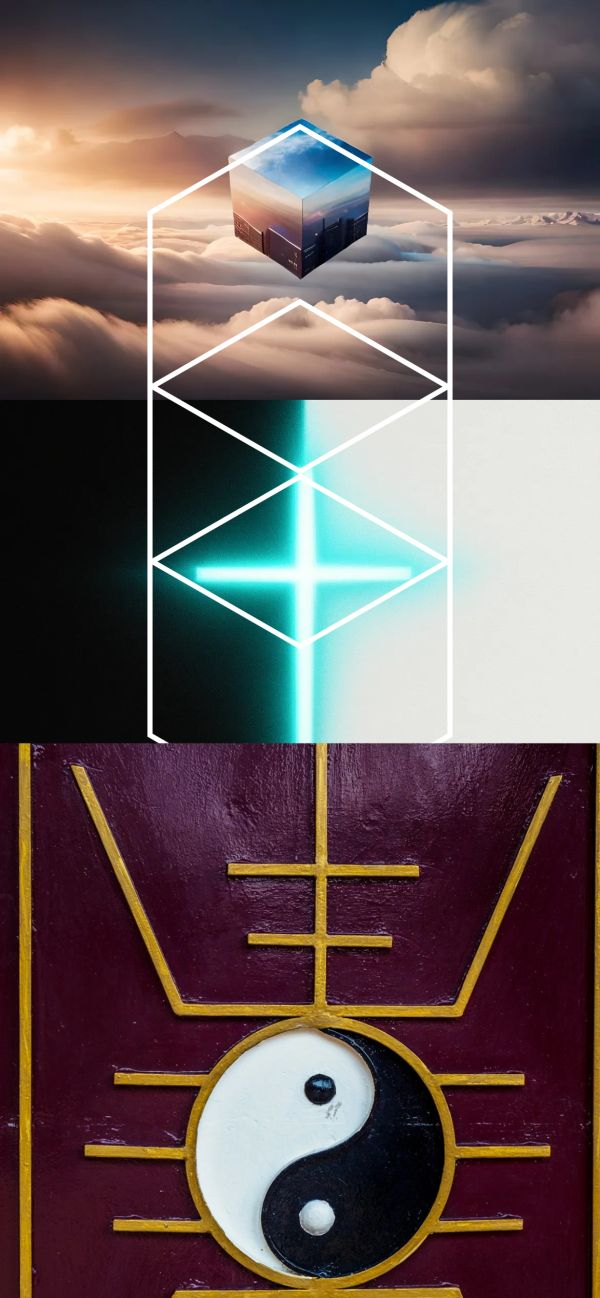 Abstract geometric and symbolic art with clouds, neon cross, and yin-yang symbol. Unifying different points of view.