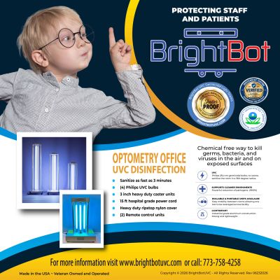 BrightBot UV disinfection device for optometry offices, protecting staff and patients.