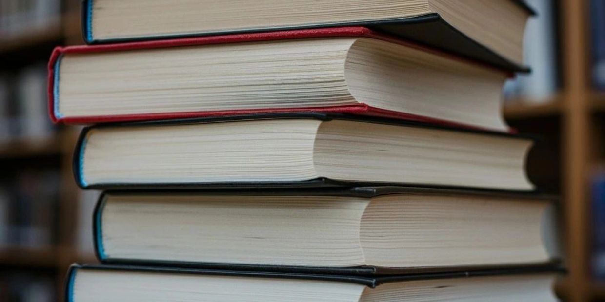 Close-up of a stack of hardcover books with visible pages.