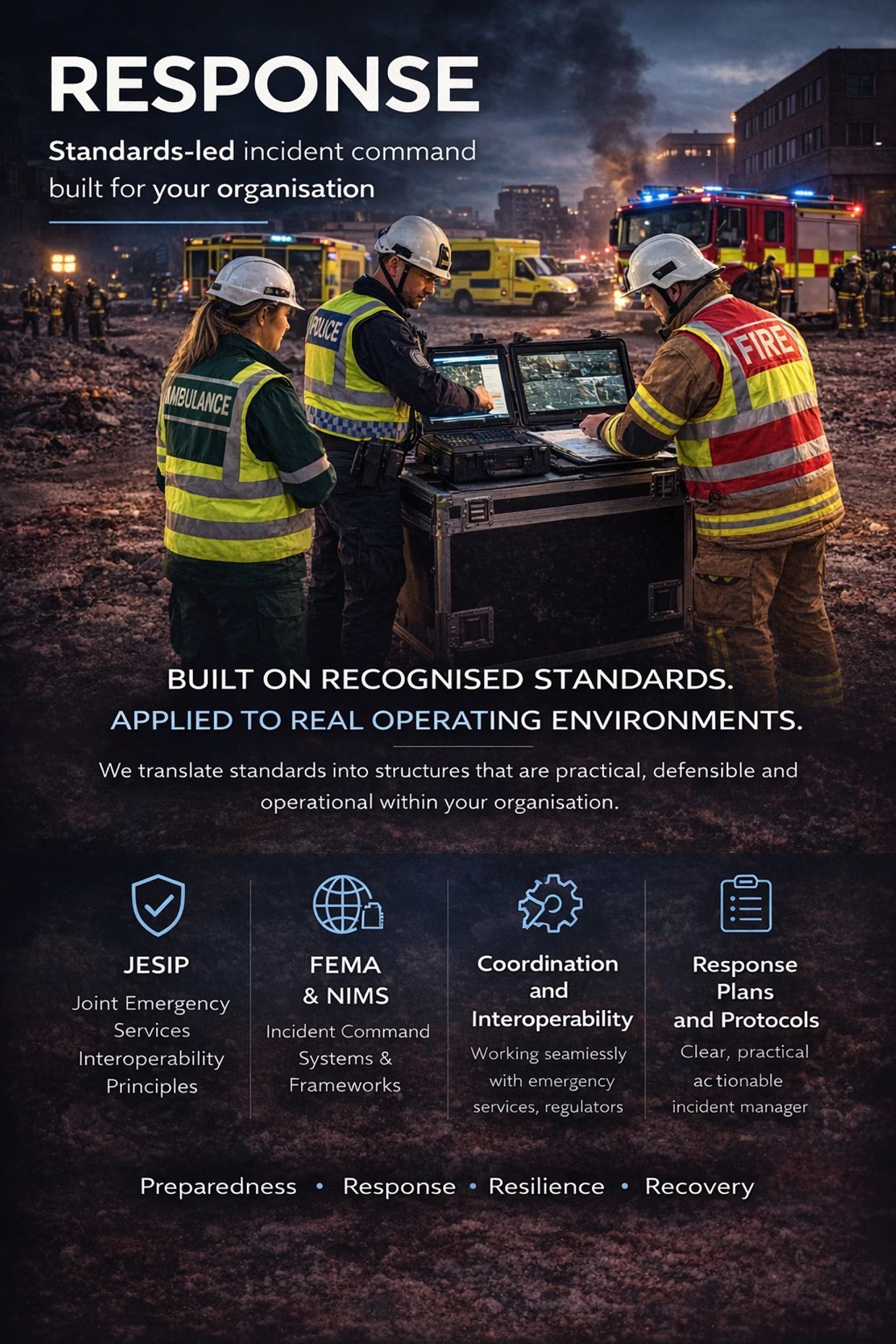 JESIP principles
Command & Control functions
Incident command systems
Interoperability.
Joint decis