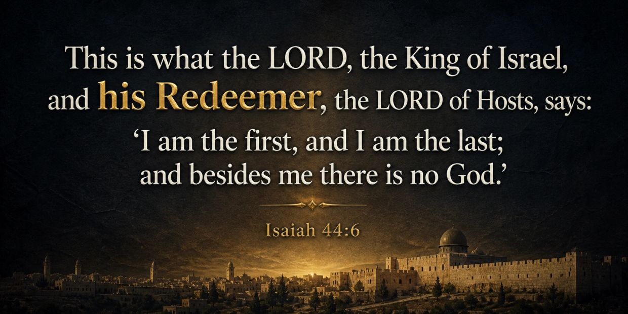 Isaiah 44:6 displayed over a dark Jerusalem background, with the words “his Redeemer” emphasized in