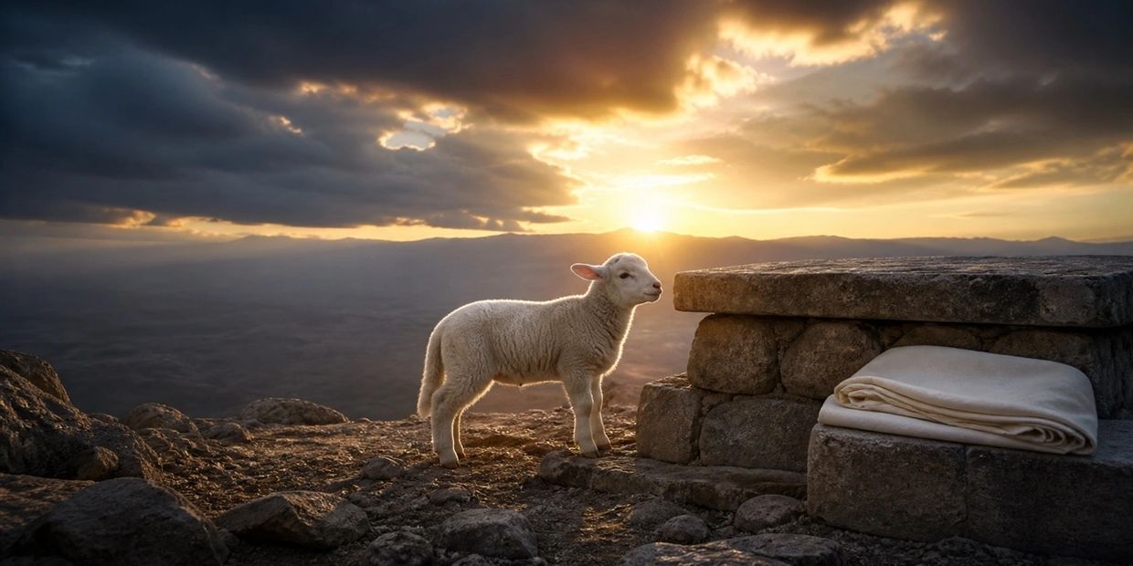 A spotless lamb stands beside a stone altar and folded cloth as sunrise breaks through dark clouds.