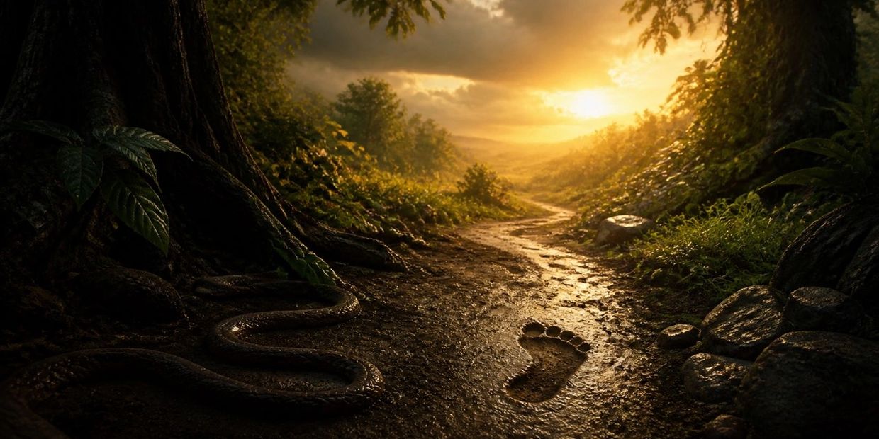 A footprint passes a serpent on a garden path leading from shadow into sunrise.