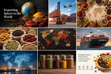 Global spice export with containers, ships, and diverse spices.
