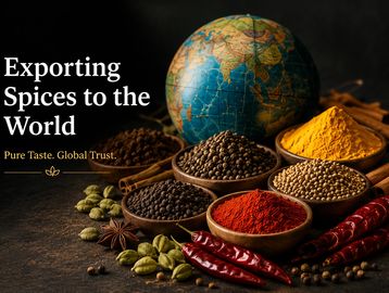 Various spices with a globe and text about exporting spices worldwide.