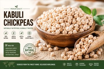 Premium quality Kabuli chickpeas in wooden bowl with natural, nutritious claims and global trust.